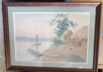 Y. Matsumoto Watercolor Lake Scene Home At Water's Edge.