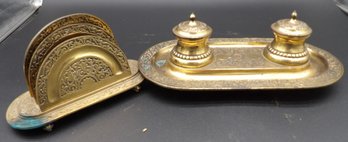 Art Nouveau Jennings Bros Bronzed Art Metal Inkwell And Letter Stand