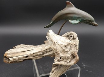 Unsigned Bronze Leaping Dolphin On Driftwood Base