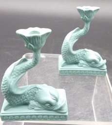 Rare Wedgwood Miniature Teal Green Jasperware Candlestick Holders