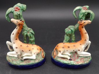 Pair Of Rare Giraffe English Staffordshire Garniture Figures.