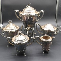 1880s Wilcox Egyptian Revival Five Piece Silver Plate Tea Set.