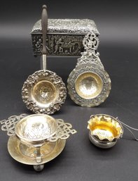 Sterling And Silver Plate Tea Strainers And Cigarette Box