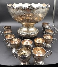 Spectacular Silver On Copper Punch Bowl With 12 Footed Cups