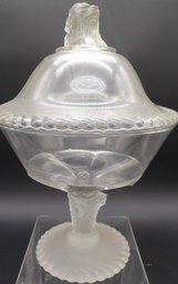 1880s Gillinder & Sons Three Face Lion Glass Covered Compote.