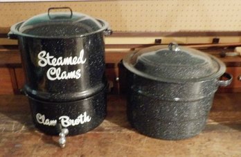 Two Graniteware Cooking Pots  Clam/Lobster Steamer And Large Covered Kettle.