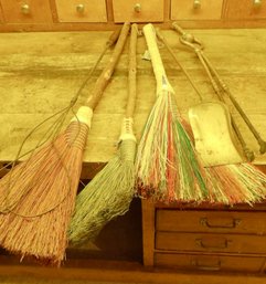 Seletion Of Fireplace Brooms, Shovel, Tongs And Rug Beater