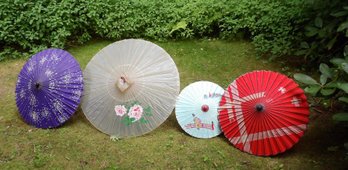 Selection Of Asian Parasols, Coolie Hats And Beaded Purses