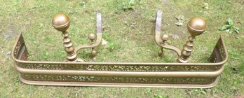 Brass Pierced Fireplace Fender And 19th Century Banded Ball Andirions