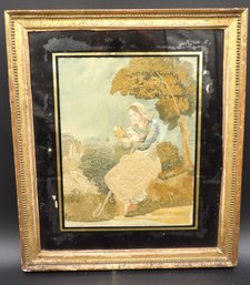 Early English 19th Century Silk Crewel Work Picture Of Shepherdess