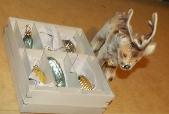 1960s Vintage Steiff Renny Reindeer German And 6 Miniature Mercury Glass Figural Ornaments.