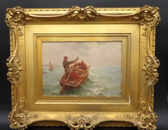 Georges Jean-Marie Haquette French School (1854 - 1906) Oil On Canvas Of Woman Tilling Dory In Choppy Seas