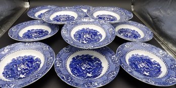 12 Rimmed Flow Blue Rimmed Soup Bowls - Alhambra Pattern