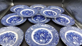 11 Flow Blue Dinner Plates - Alhambra