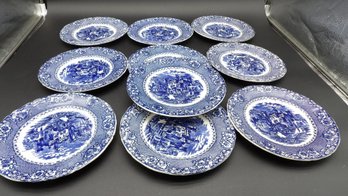 Ten Flow Blue Salad Plates And Seven Flow Blue Luncheon Plates - Alhambra Pattern