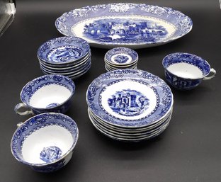 Alfred Meakin Flow Blue Large 16' Oval Platter, Butter Pats, Berry Bowls, Cups, Saucers - Alhambra Pattern.