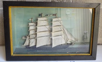 Civil War Era Carved Wooden Ship's Diorama In Shadow Box