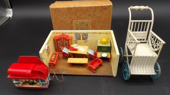 1920s Dora Kuhn Room Box With Original Box And Miniature Doll Stroller