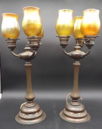 Pair Of Tiffany Bronze Torchier Style Lamps