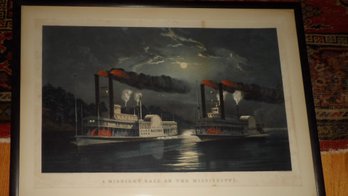 Currier & Ives Entitled Midnight Race On The Mississippi. Large Folio. Print