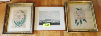 Two Framed Floral Prints And Print Of Sailing Vessel In Harbor