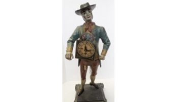 Vintage Cast Iron Figural Dutch Peddler Clock Seller Signed PVR