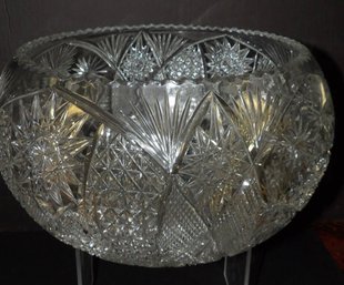 VINTAGE CRYSTAL CUT GLASS PUNCH BOWL - PANELED DIAMOND HOBSTAR FAN