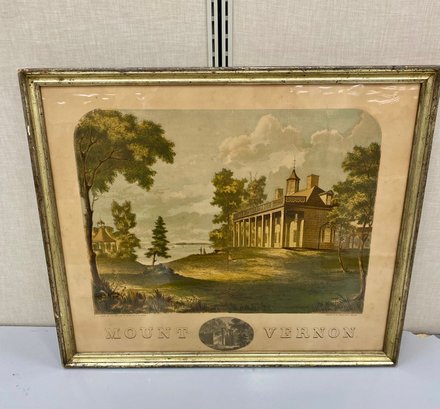 Antique Vintage Print Of Mount Vernon With Old Gilt Frame