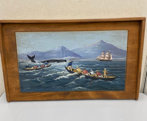 Artist Signed Painting Of Whale On Wood Frame