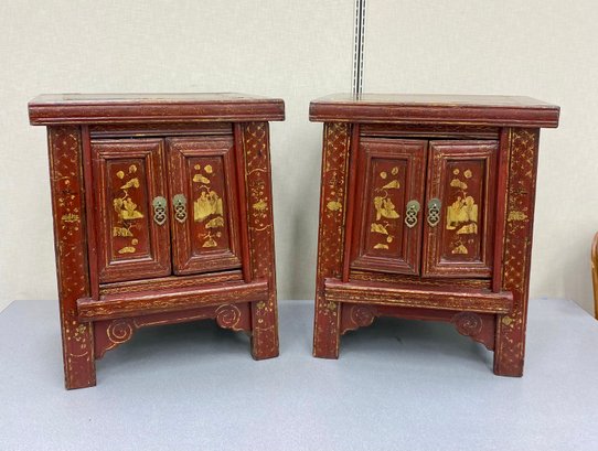 Pair Asian Chinese Cabinet Tables Night Stands