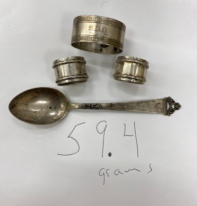 800 And 830 Silver Napkin Rings And Spoon