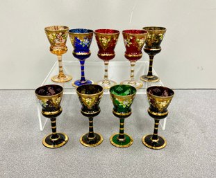 9 Czech Bohemian Style Painted Glasses