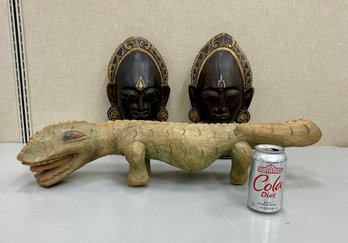 Three Tribal Carved Wood Items Including Charming Lizard Crocodile Dragon