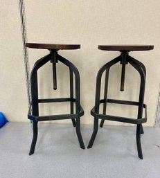 Two Heavy Wood Metal Adjustable Stools