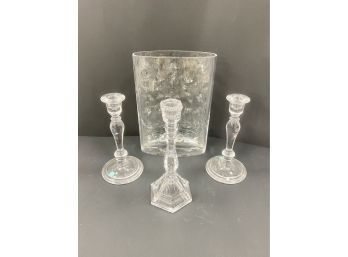 Tiffany Glassware Including Large Vase And Candlesticks