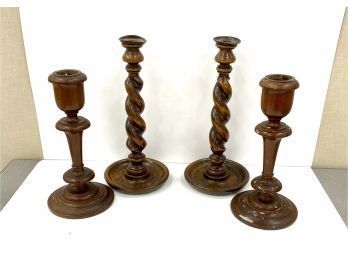 Two Pairs Wood Candlesticks Including Old Vintage Oak Barley Twist