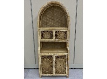 Rare Vintage Sunburst Curved Wicker Rattan Shelf Unit