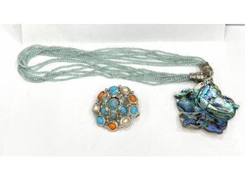 Sterling Clasp Abalone Necklace And Costume Pin Brooch