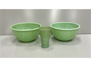 Two Vintage Fireking Jadite Swirl Bowls