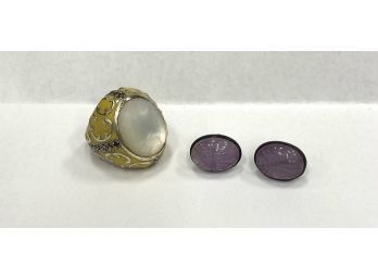 Sterling Enamel Ring And Pair Signed Sterling Amethyst Scarab Earrings