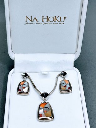 Asch Grossbardt Sterling Silver & 18k Gold MOP Inlay Picasso Necklace And Earring Set
