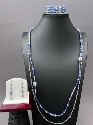 Brighton Deja View In Blue Jewelry Suite, Double Strand Necklace, Stretch Bracelet, Earrings