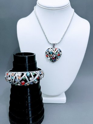 Brighton 'grateful' Necklace And Matching Bracelet With Multi Colored Swarovski Crystals