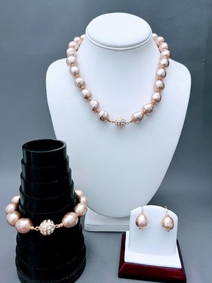 Costume Jewelry Faux Champaign Ringed 12mm Pearl Set With Statement Necklace, Bracelet And Earrings  Set