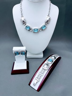 Brighton From The Balanced Collection, Blue And Silver Necklace, Clip Earrings, Bracelet Set, Retail $200