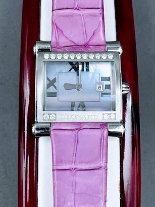 Leonard 2003 Screen Series Watch With Date, Violet Mother Of Pearl Face With .34ct Diamonds Retail $950