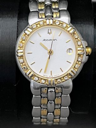 Vintage Accutron T6 Ladies Watch Designed By Bulova, Stainless Steel Two Tone With Date And Diamond Bezel