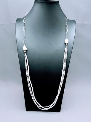 Sterling Silver Chain With Baroque Pearls And Seed Pearls And Faux Faceted Stones 36' Long