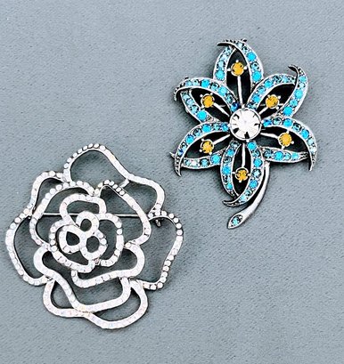 Brooches - Silver Tone Open Rose Brooch And Pretty Blue And Green Flower Unmarked