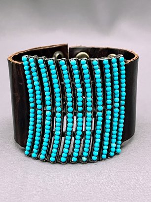 ReBel Designs Curved Bar Turquoise Beaded Leather Bracelet With Snap Closure 7'-8'Retail:$175